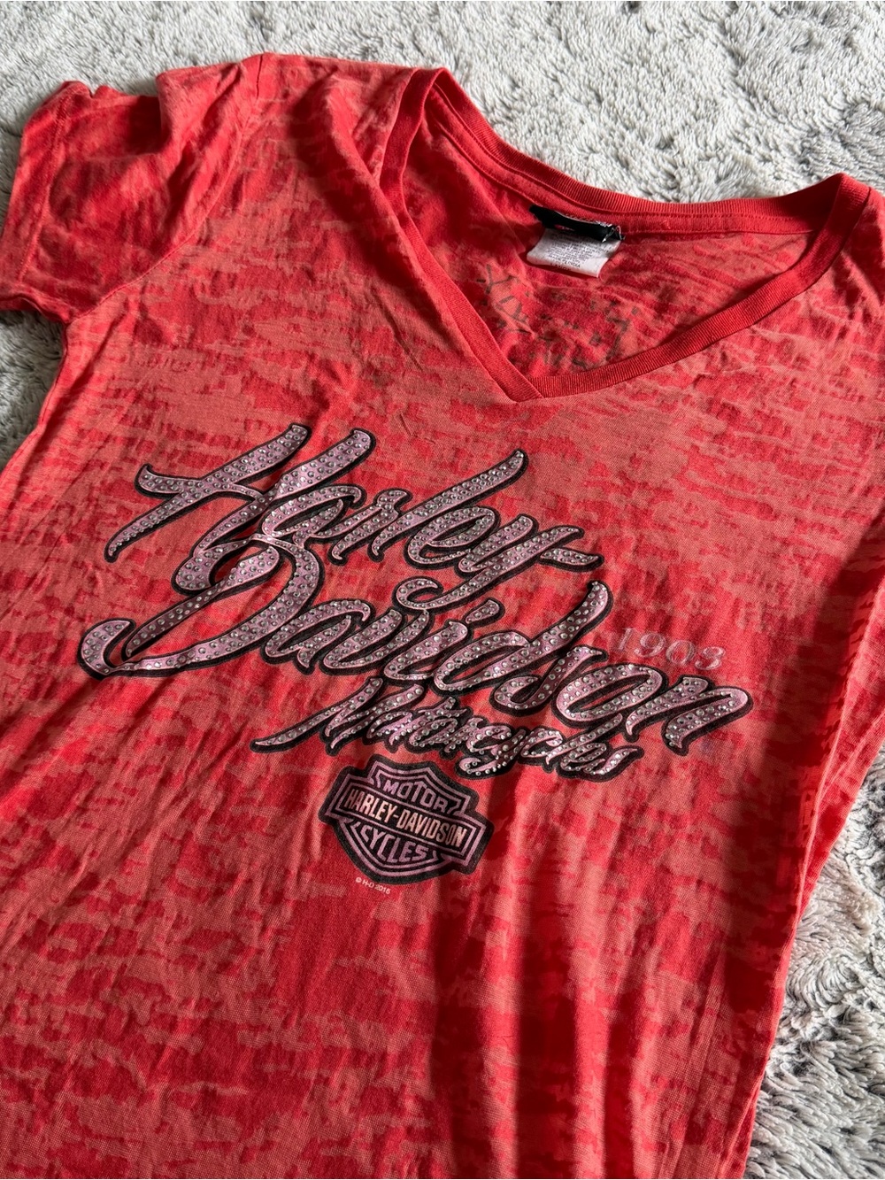 Harley Davidson Burnout Rhinestone Baby Tee V-Neck Graphic Tee Coral Red Y2K